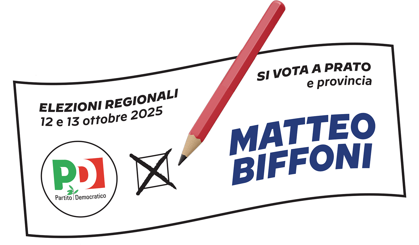 Illustrazione della scheda elettorale col simbolo del PD e una matita che spunta la casella di Matteo Biffoni